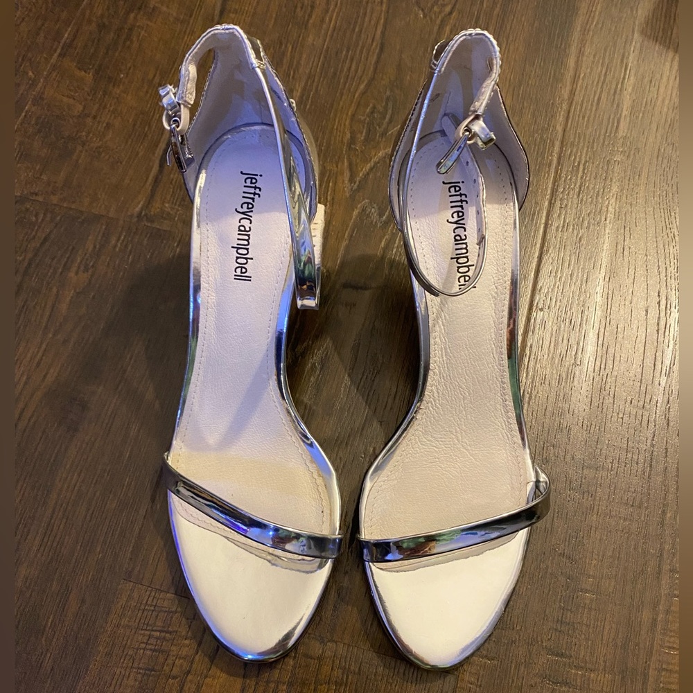 Jeffrey Campbell Entice Ankle Strap Heel, Metallic Silver Low Heel Sandal Size 7 - Picture 6 of 7